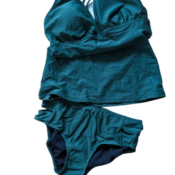 Womens Swimwear Cutout Tankini Bikini Set Sz M Stretch Green Spaghett Strap - Picture 3 of 9